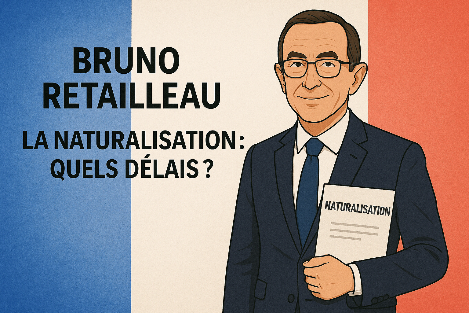 genrate an image of Illustration de Bruno Retailleau debout avec un fond évoquant la France, tenant un document officiel, avec un texte explicatif sur l'examen civique de naturalisation en 2025 à côté de lui