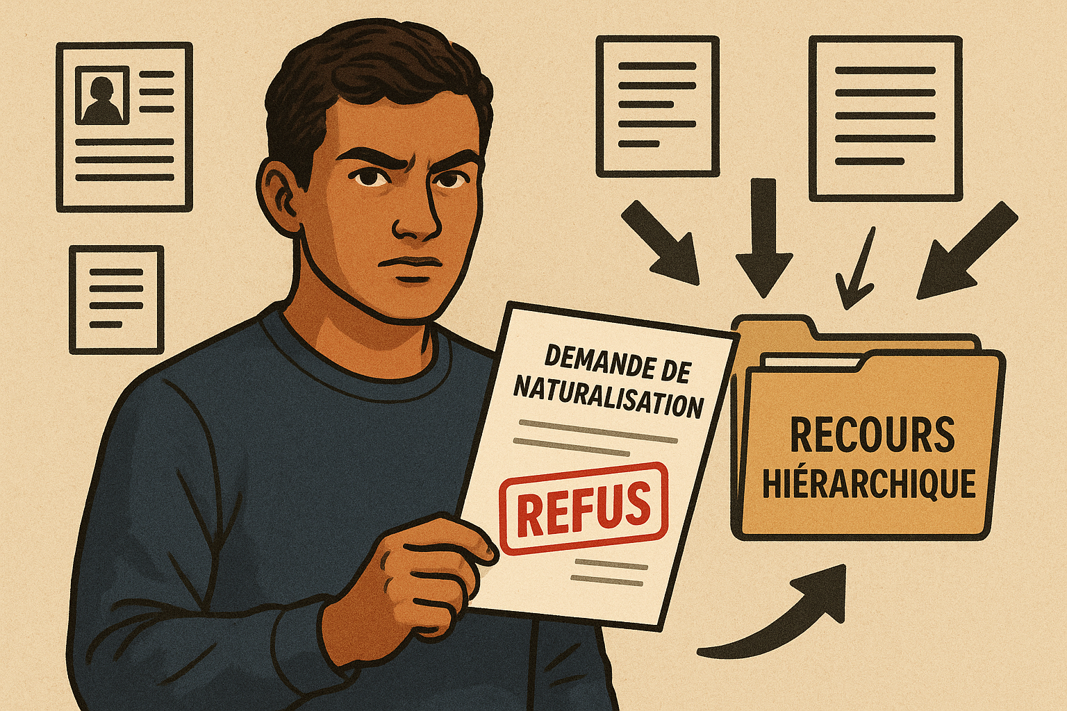 Ce diagramme présente les 3 étapes clés de la procédure administrative préalable : Notification du refus par la préfecture (délai de 2 mois pour réagir) Envoi du recours argumenté au Ministère de l'Intérieur Décision ministérielle sous 4 mois (silence valant rejet implicite)